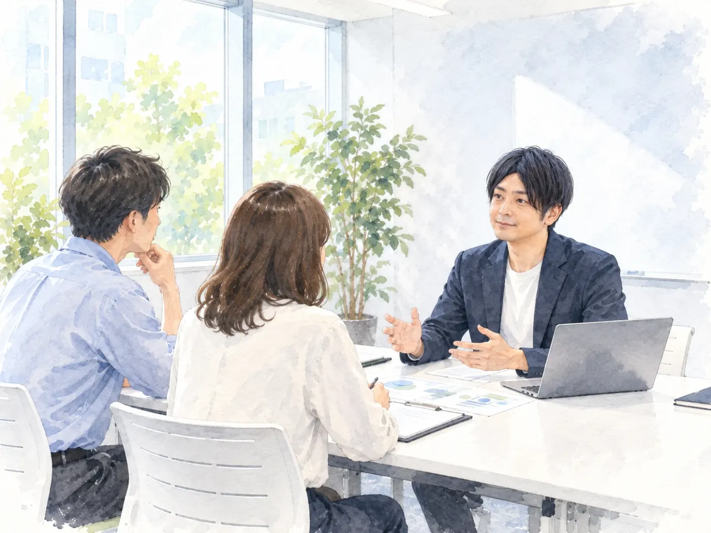 水彩画。窓辺の会議室で、コンサルタントが二人の相談相手と向き合い、資料を前に話している。