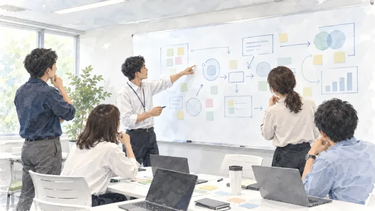水彩画。ホワイトボードに描いた業務の流れを指しながら、チームで仕事の設計を話し合っている。